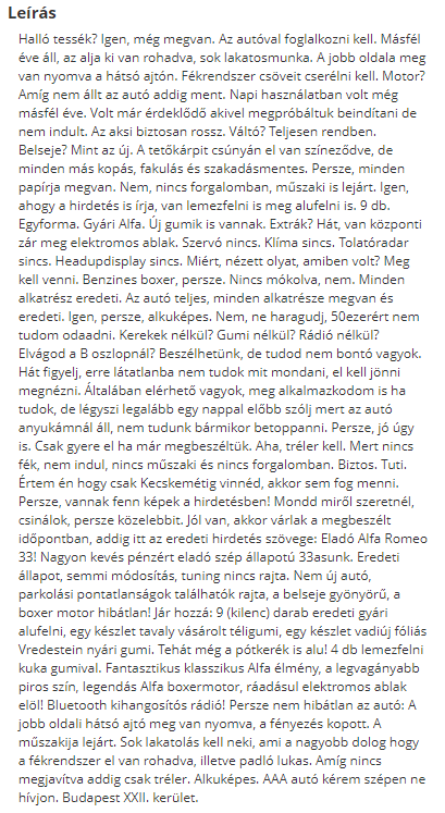 Ennek a használt Alfának már véres a torka, az eladó viszont végtelenül korrekt 1