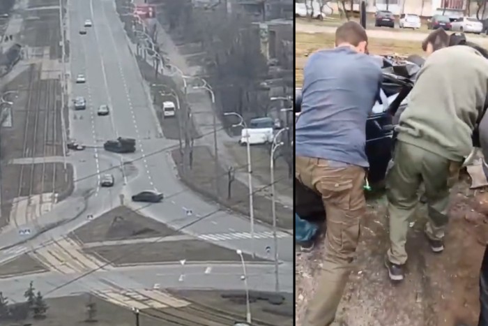 Egy tank áthajtott egy civil autóson Kijevben