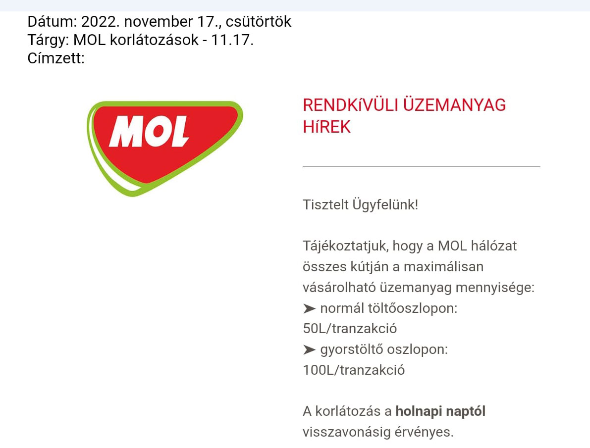 Újabb bejelentés, a Mol ismét korlátozza a tankolást minden benzinkútján 2