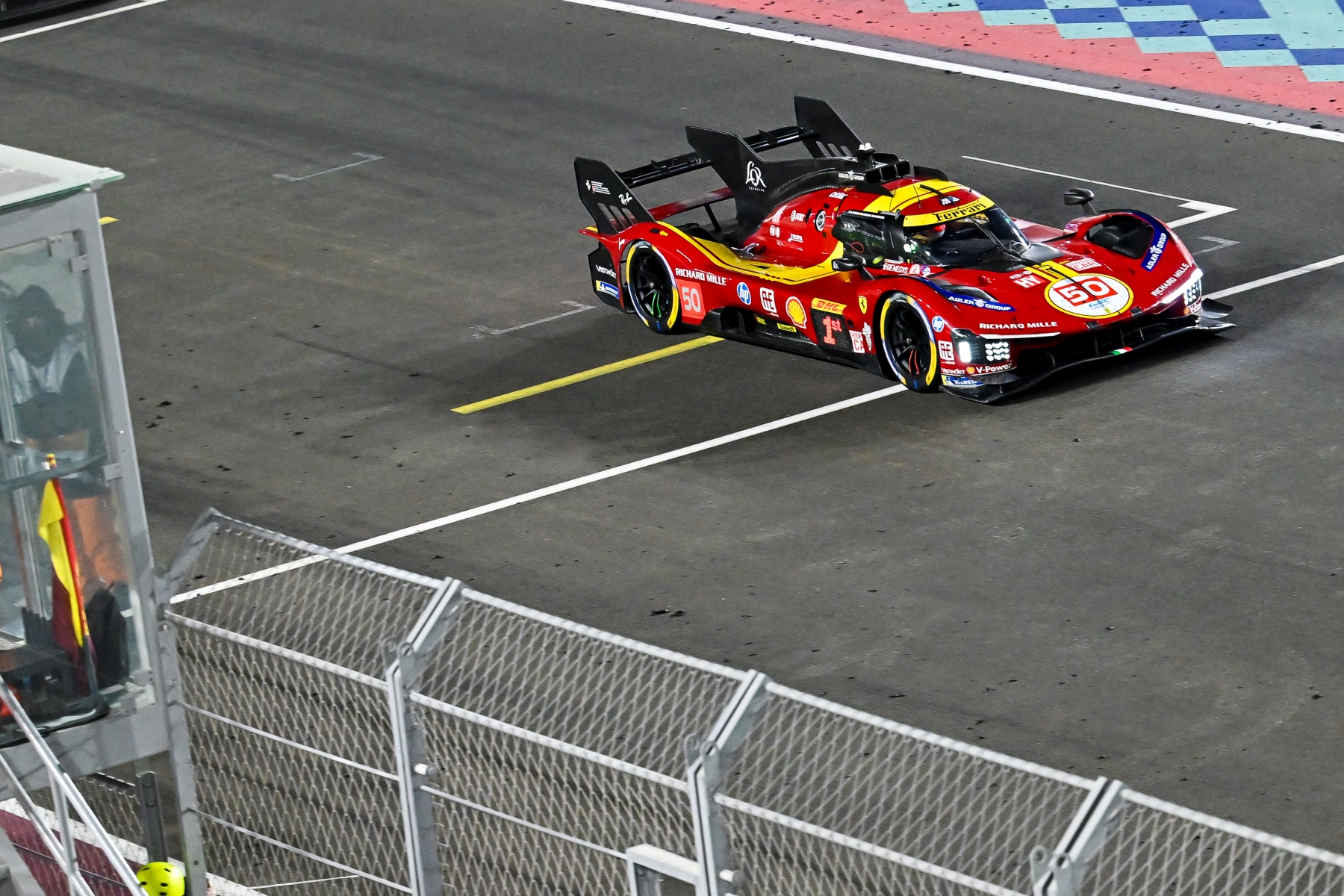 World Endurance Championship WEC - Qatar 1812km--- Ferrari Af Corse, Mferrari 499P of Antonio Fuoco (ITA), Miguel Molina (ESP), Nicklas Nielsen (DEN) crosses the finish line during the Qatar 1812KM World Endurance Championship race at Losail International Circuit in Doha, Qatar, on February 28, 2025. (Photo by Noushad Thekkayil/NurPhoto via Getty Images) | Vezess | Vezess