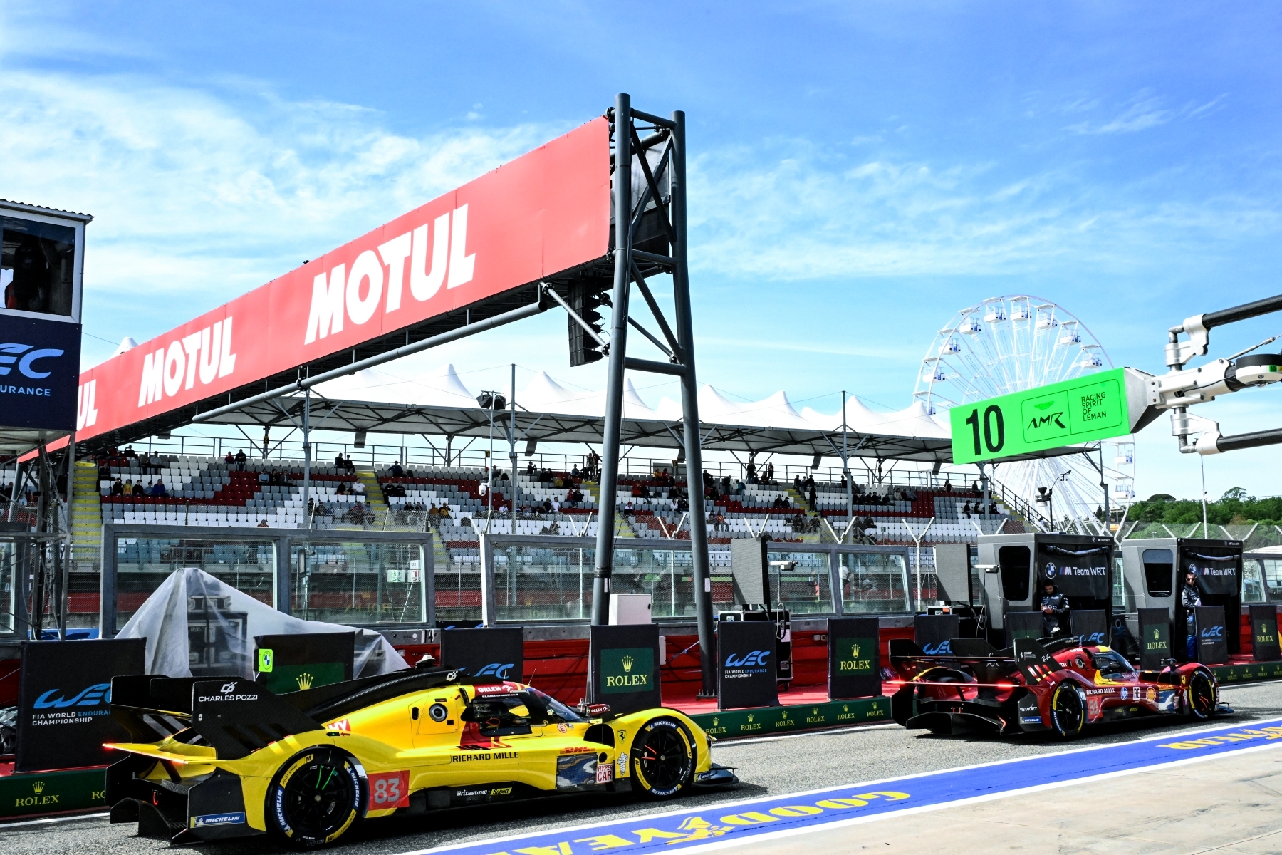 FIA World Endurance Championship - WEC 6 Hours Of Imola#83 Robert Kubica, Yifei Ye, Philip Hanson, and #51 Alessandro Pier Guidi, James Calado, Antonio Giovinazzi, of the team Ferrari AF Corse, Ferrari 499P Hypercar, are in the pit lane during the FIA World Endurance Championship WEC 6 Hours of Imola in Imola, Italy, on April 19, 2025. (Photo by Luca Barsali/NurPhoto) | Vezess | Vezess