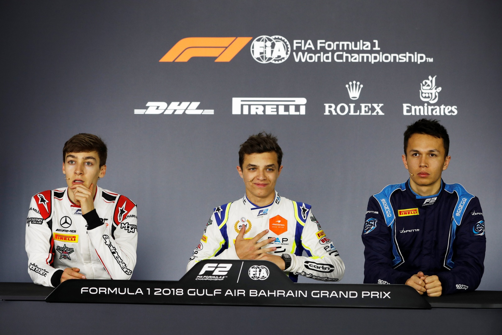 FIA Formula 2 Series - Round 1Bahrain International Circuit Sakhir BahrainFriday 6 April 2018George Russell GBR ART Grand Prix Lando Norris GBR Carlin Alexander Albon THA DAMS | Vezess | Vezess