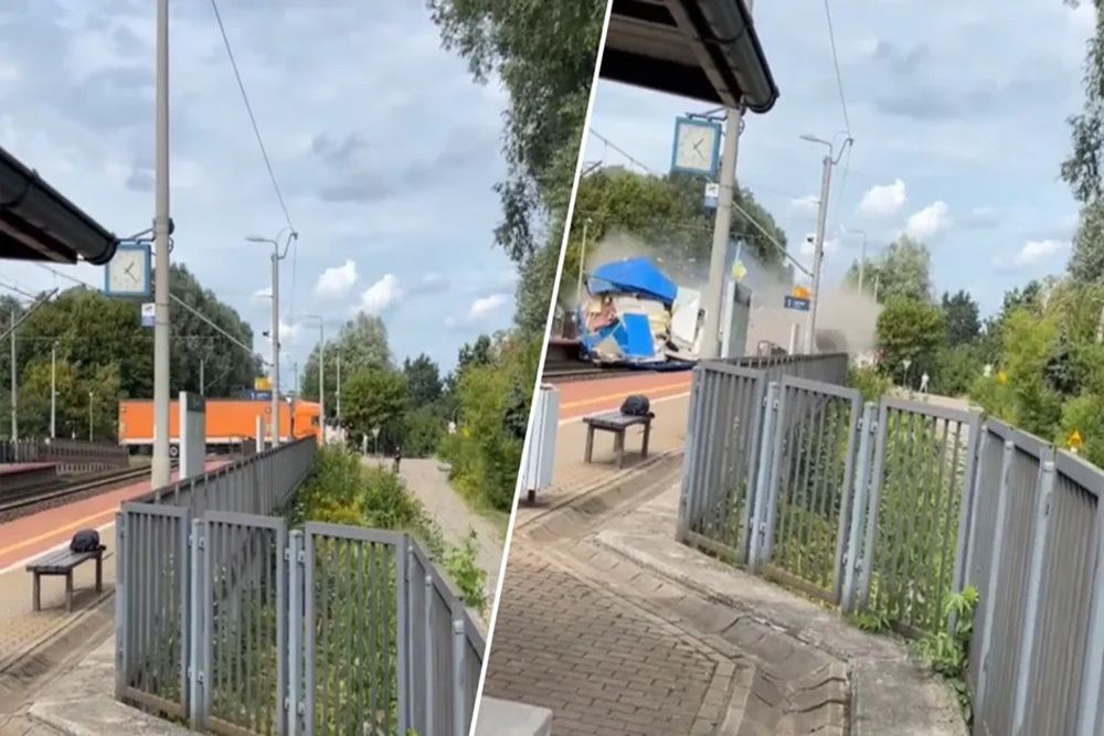 Videón, ahogy telibe kapja az intercity a beragadt kamiont